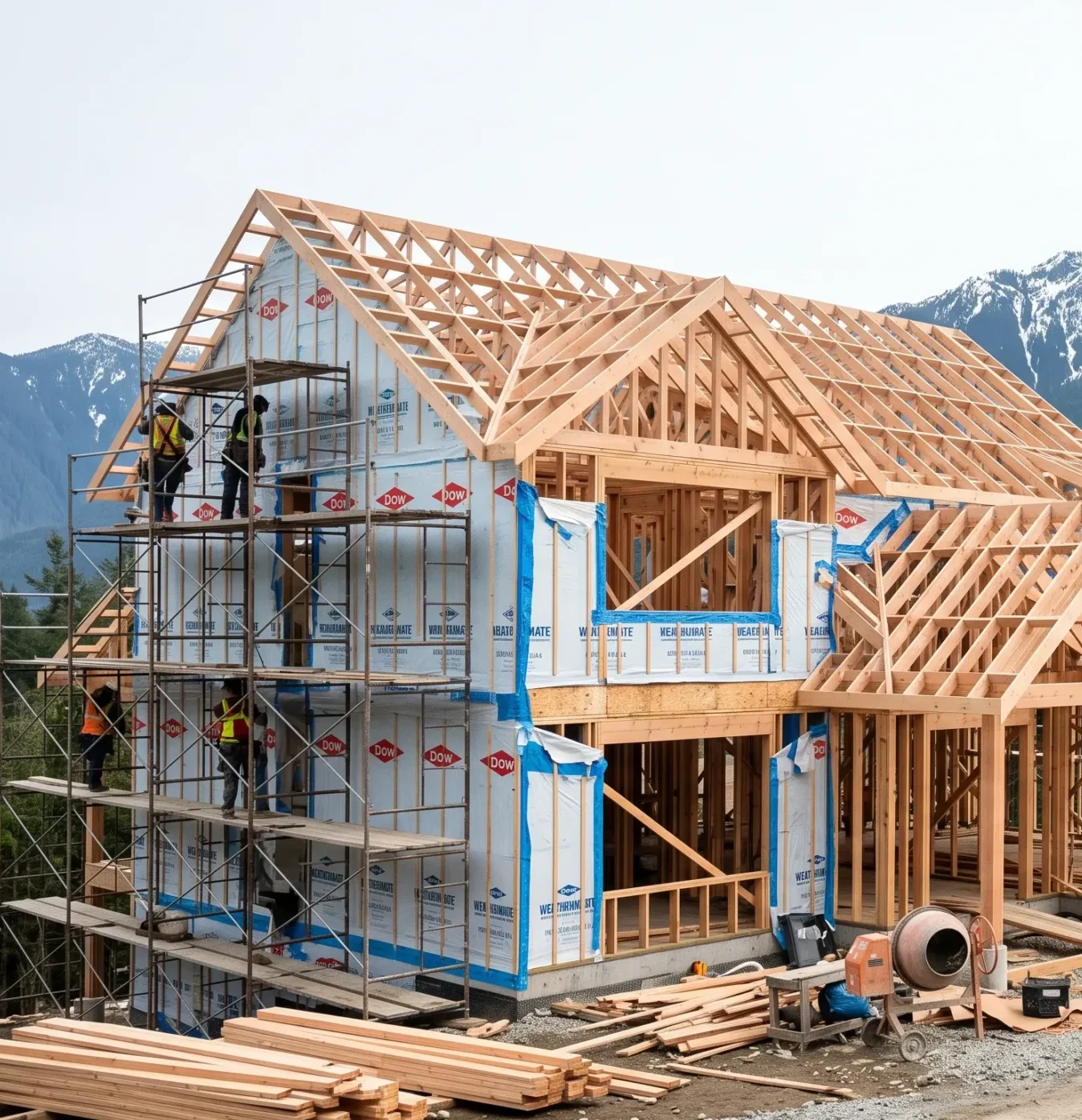 New home under construction against coastal mountains